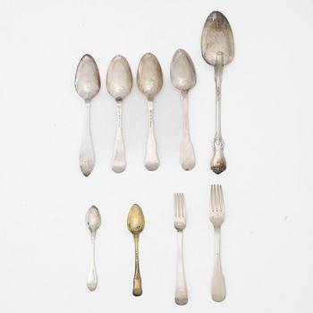 Bestick, 9 st, silver, bl a  Bengt Biörn, Västerås 1753.