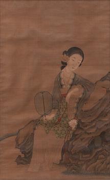 Oidentifierad konstnär, Elegant dam med fläkta, omkring 1900.