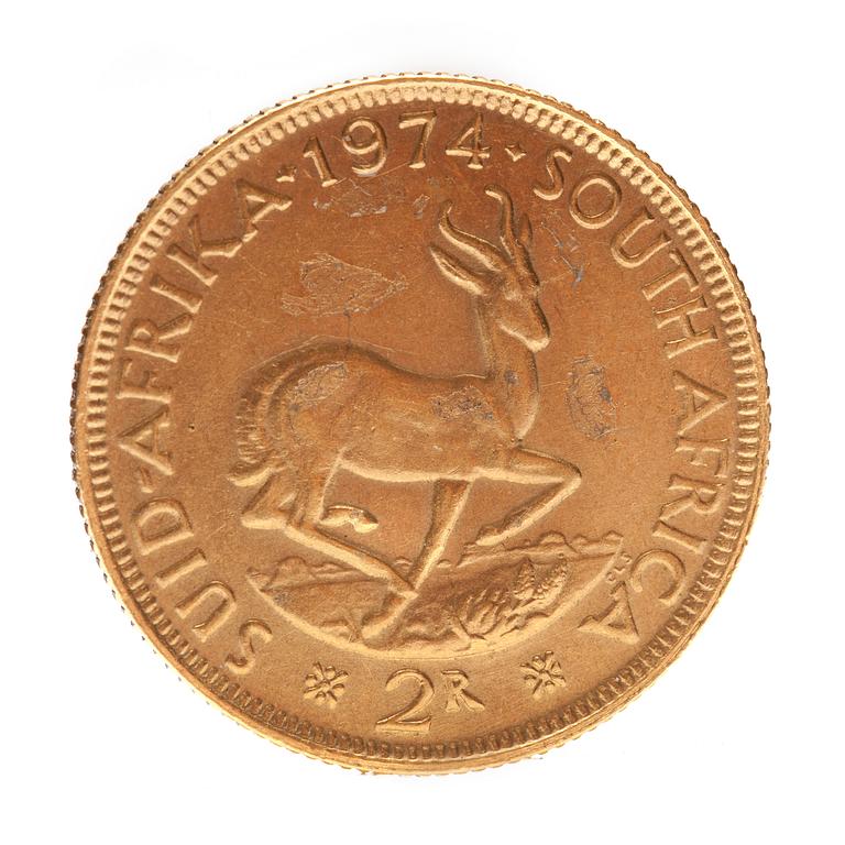 GULDMYNT, finguld, Krugerrand, Sydafrika, 1974. Vikt ca 8 g.