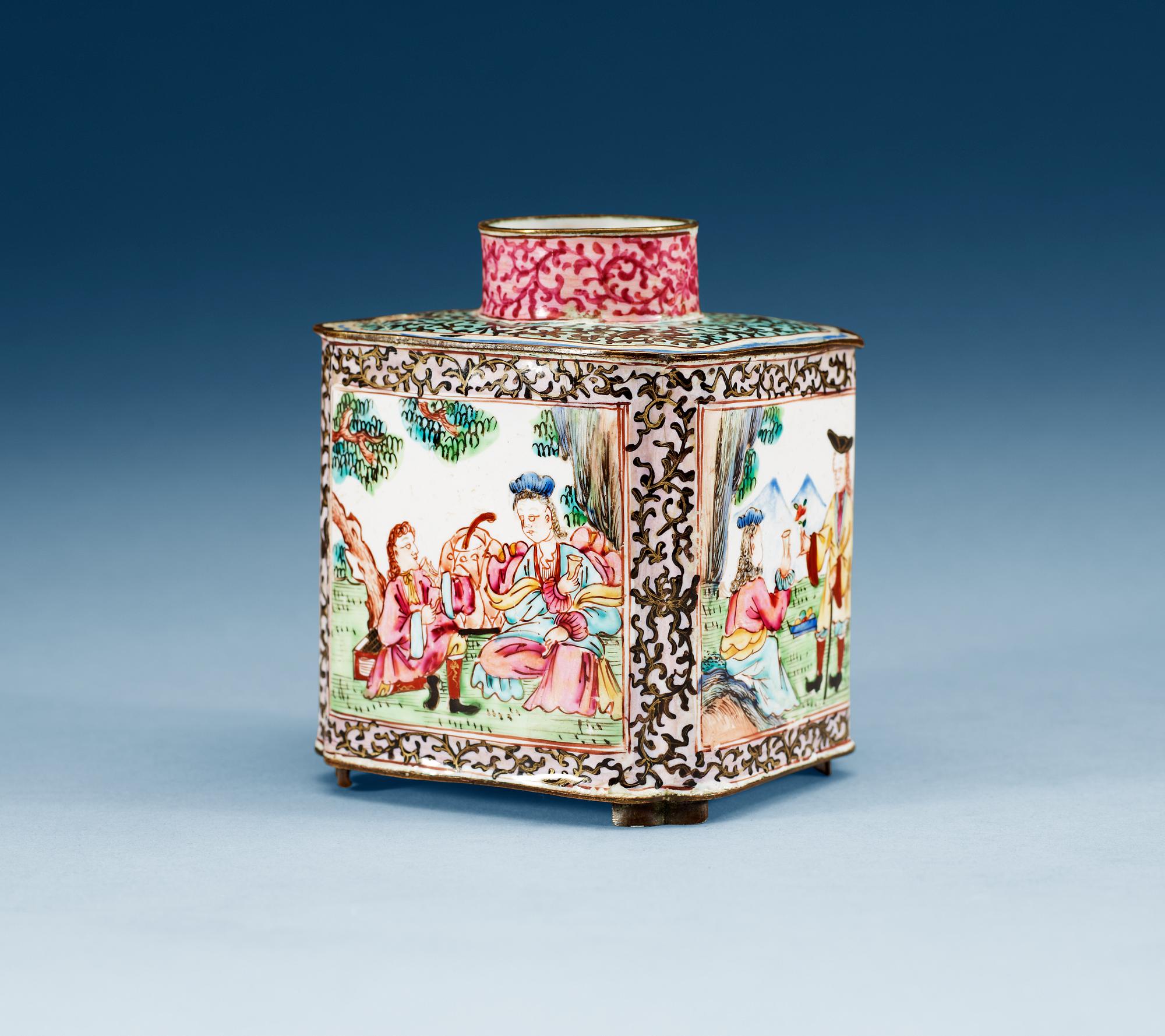 An enamelled 'European Subject' tea caddy, Qing dynasty, 18th Century.