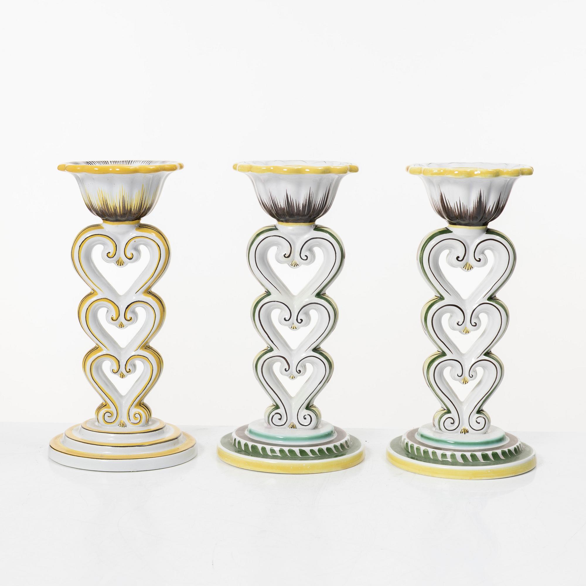Arthur Percy, three 'Tre hjärtan' candlesticks, Gefle.