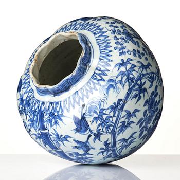 A blue and white melon shaped 'three friends of winter' jar, Ming dynasty, Wanli (1572-1620).
