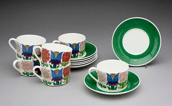 TEKOPPAR med FAT,6 st, porslin. Stig Lindberg, Gustavsberg 1970-tal. Tahiti.