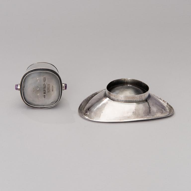 a silver bowl and a beaker with amethyst decor, mark of Reijo Sirkeoja, Hopeataidetakomo, Tampere Finland 1964-65.