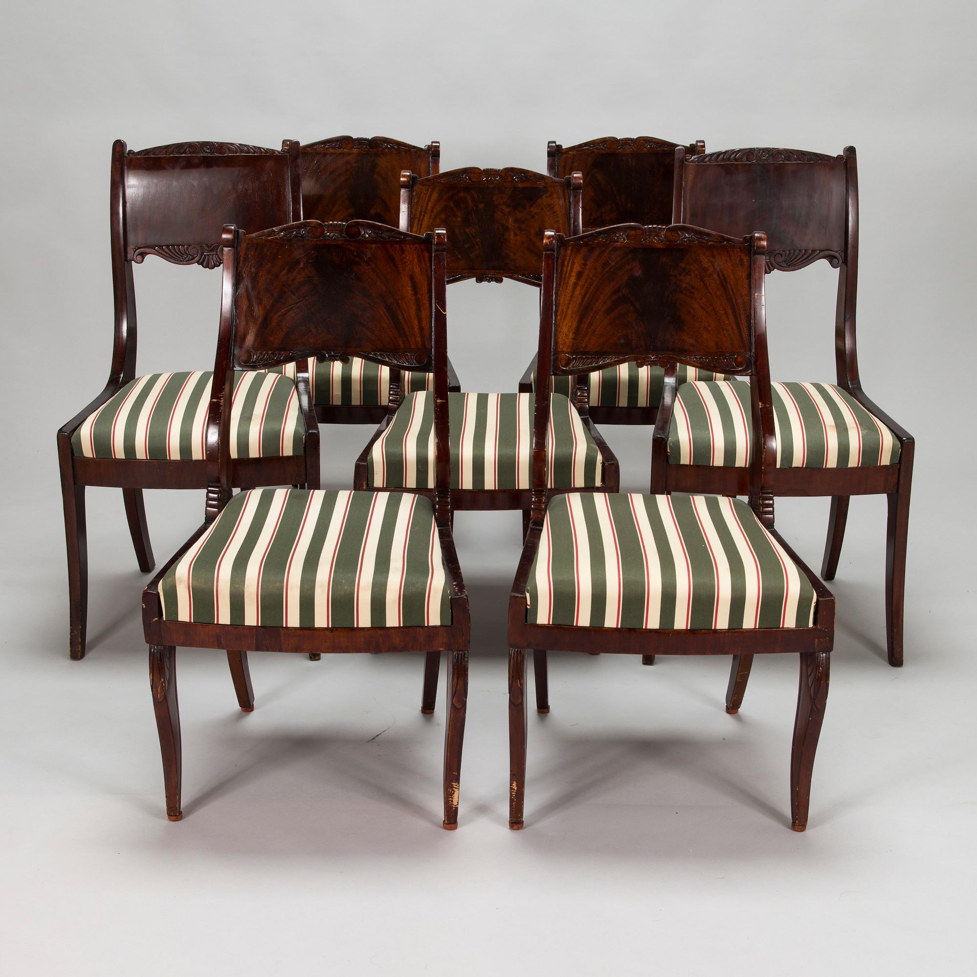 Seven mahogany veneered Empire style chairs, Russia / the Baltics, mid 19th century.