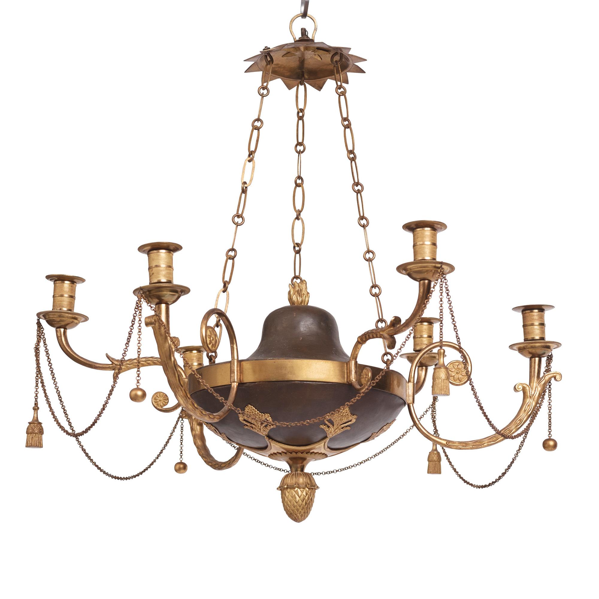 A late Gustavian ormolu and patinated bronze six-branch chandelier, Stockholm circa 1800.