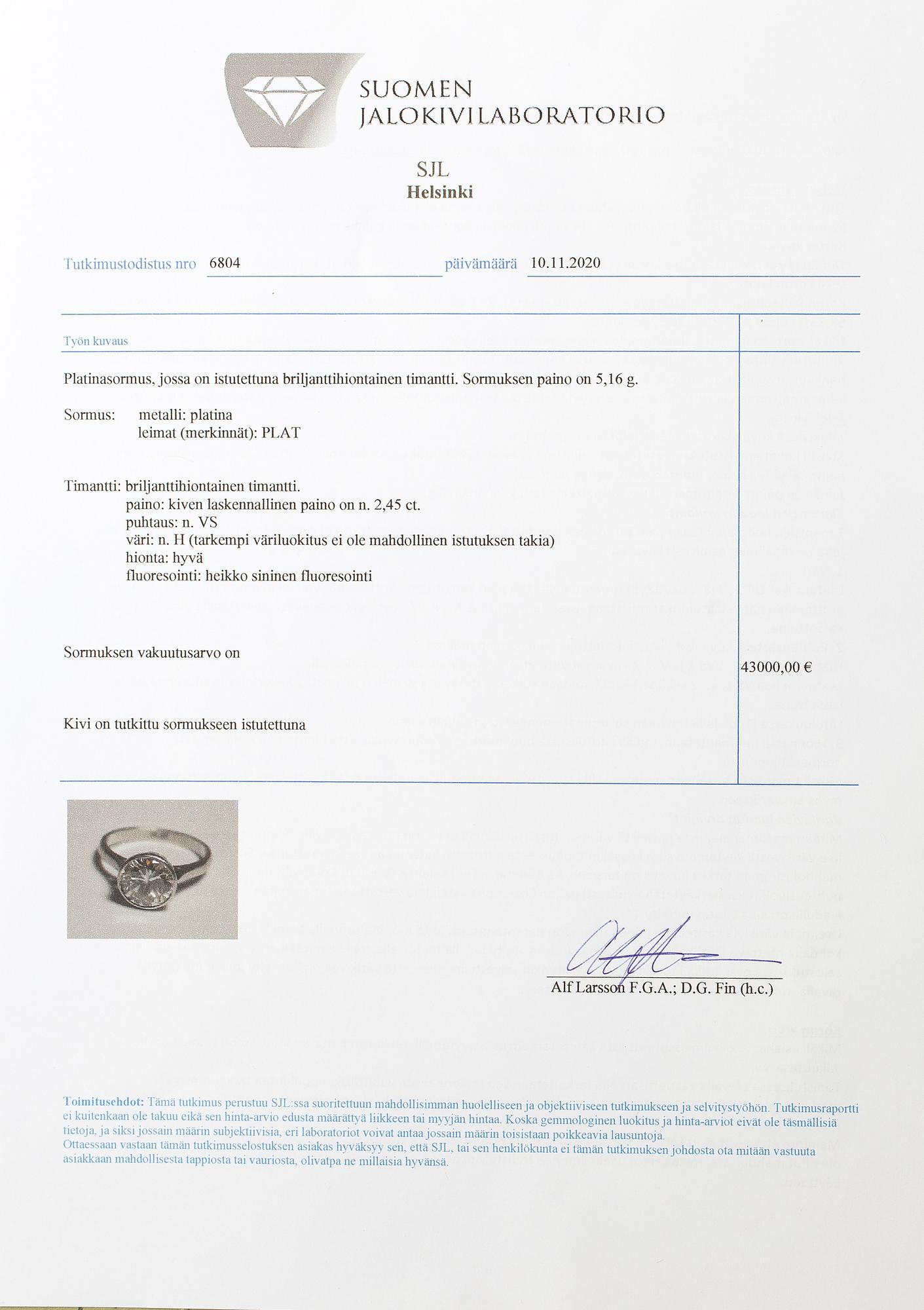 A platinum ring with a ca 2.45 ct brilliant cut diamond.