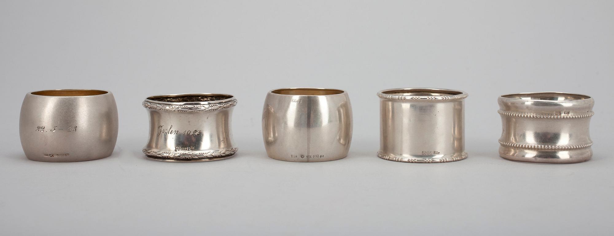 SERVIETTRINGAR, 7 st, silver, diverse stämplar. Vikt tot. 127 g.