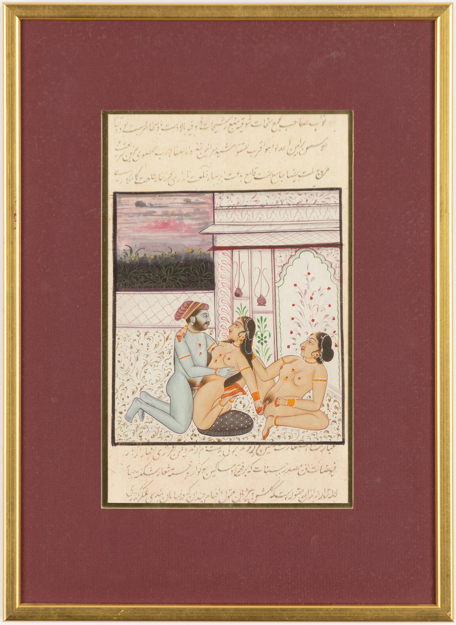 Oidentifierad konstnär, Erotiska scener i interiörer, Indien, 1900-tal. Tre stycken.