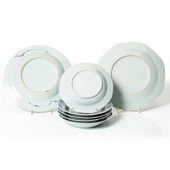 A group of seven Chinese blue and white porcelain plates and five dessert dishes, Qing dynasty, Qianlong (1736-95).