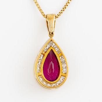 Pendant with chain, 18K gold set with a pink and red toned drop-shaped tourmaline and brilliant-cut diamonds.