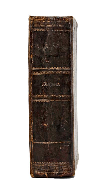 KOKBOK, "Hjelpreda i hushållningen för unga fruentimber" av Cajsa Warg, 1:a upplagan, Stockholm 1755.