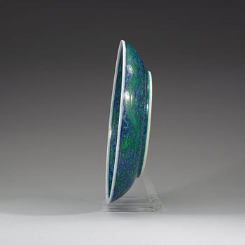 A large green enamelled blue and white dragon dish, probably late Qing dynasty with Kangxi's six character mark.