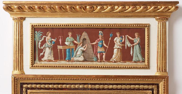 A late Gustavian giltwood, faux-porphyry and gouache-inset mirror attributed to Hedberg & Lindblad (Stockholm 1802-05).