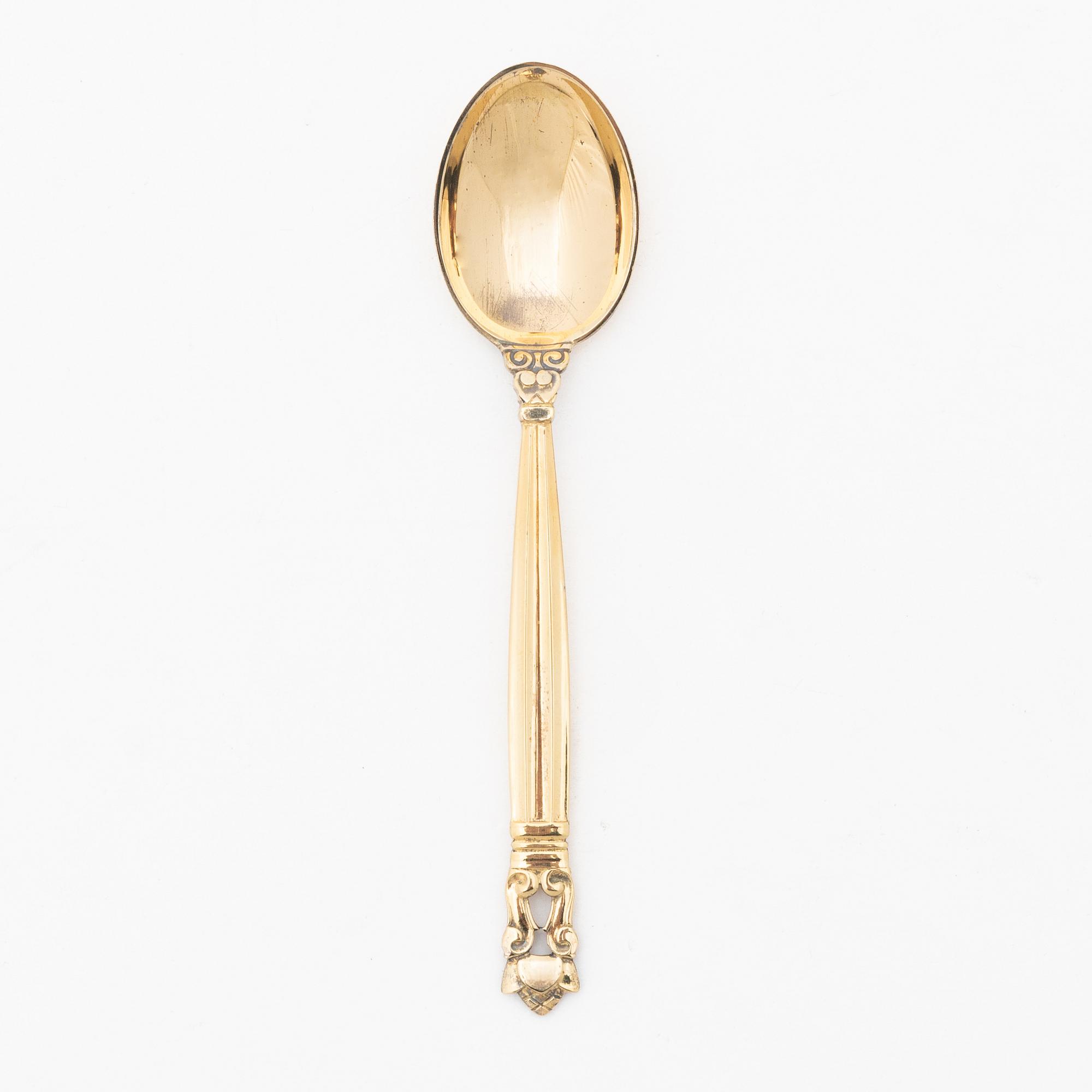 Johan Rohde, Six gilt sterling silver coffee spoons, 'Konge' / 'Acorn', Georg Jensen, Denmark.
