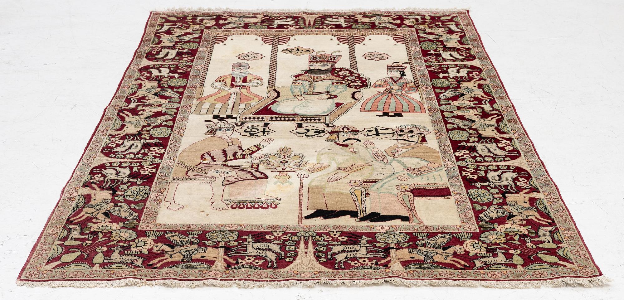 Matta, antik Kirman Laver, figural, södra Persien, ca 214 x 130 cm.