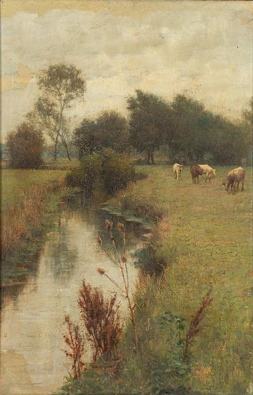French School, 19th century, River landscape with grazing cows.