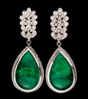 708. A pair of emerald drop and diamond earrings.