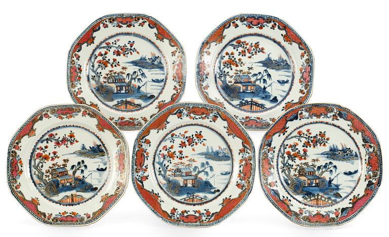 A set of five blue and pink plates, Qing dynasty, (Qianlong 1736-95).