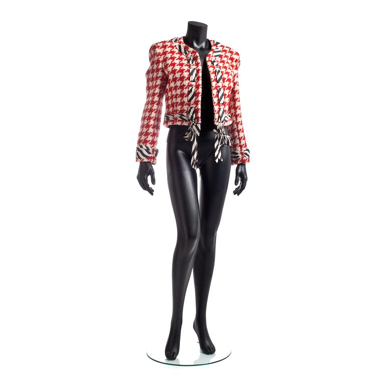 MOSCHINO CHEAP AND CHIC, a red and white houndstooth wool blend jacket.