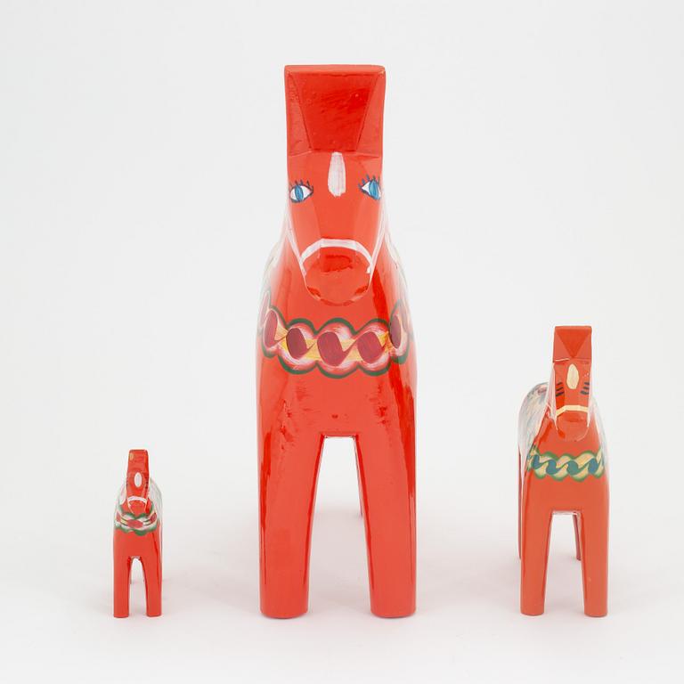 Three Swedish Dala Horses, second half of the 20th century.