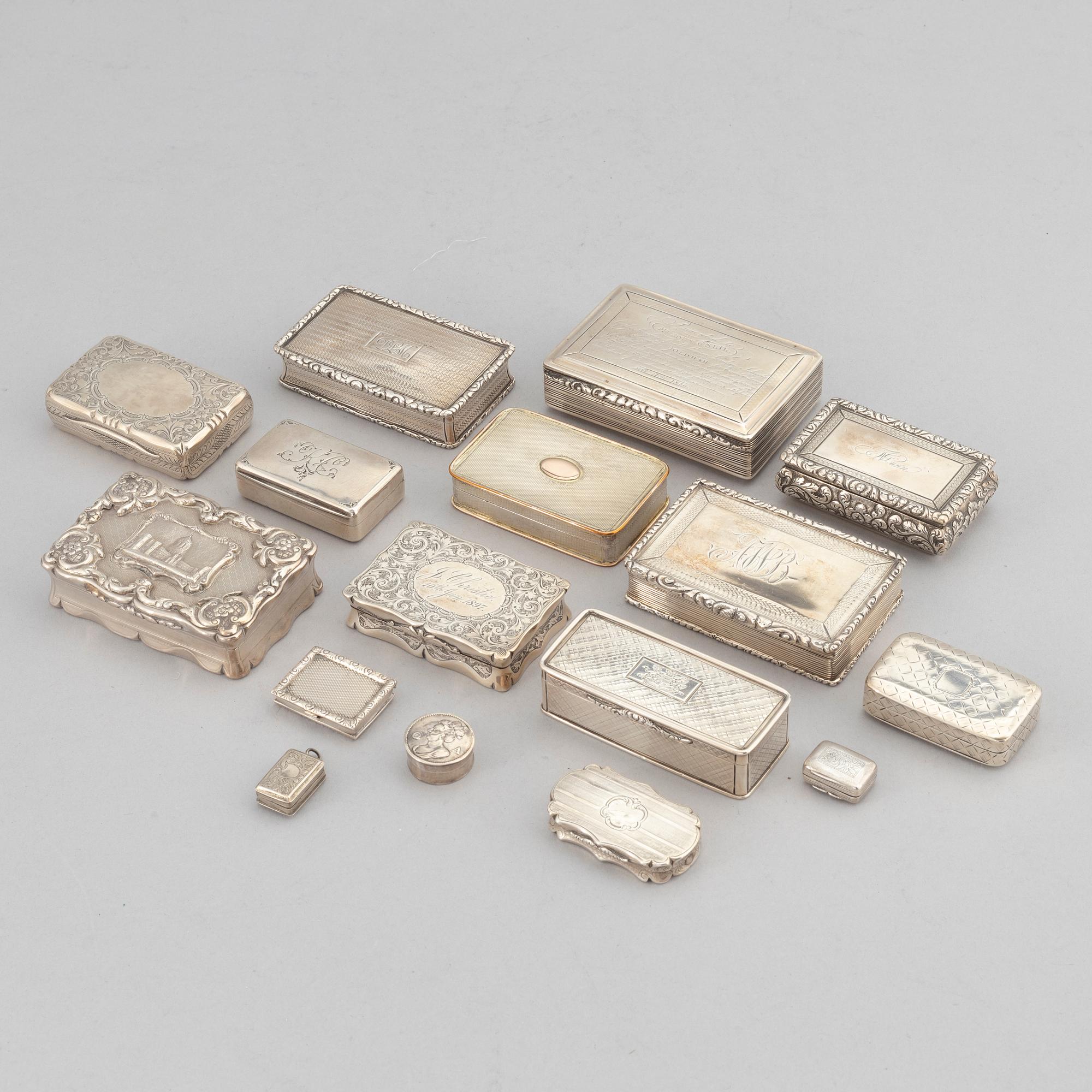 16 silver boxes, including Nathaniel Mills, Birmingham, 1825, John Lint, London, 1816, and Charles Cooke, 1908.