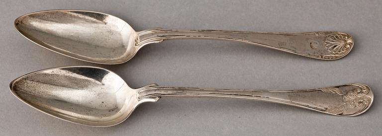 PARTI SKEDAR, 10 delar, silver, "Snäck modell" och "Gammel Fransk", bla Anders Gustaf Carlsberg, Eksjö, 1846-56. Vikt 524 gr.