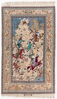 An Isfahan, figural, signed, carpet, c. 240 x 150 cm.