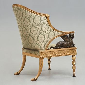 A large late Gustavian armchair by Ephraim Ståhl (chairmaker in Stockholm 1794-1820), not signed, mid 1790's.