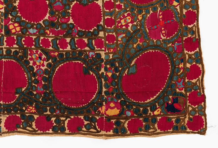 An antique Suzani embroidery, probably Tashkent region, Uzbekistan, 19th century, c. 221 x 184 cm.
