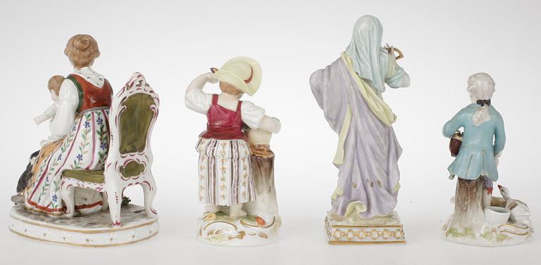 FIGURINER, 4 st, porslin, bland annat Meissen, 1900-talets första hälft.