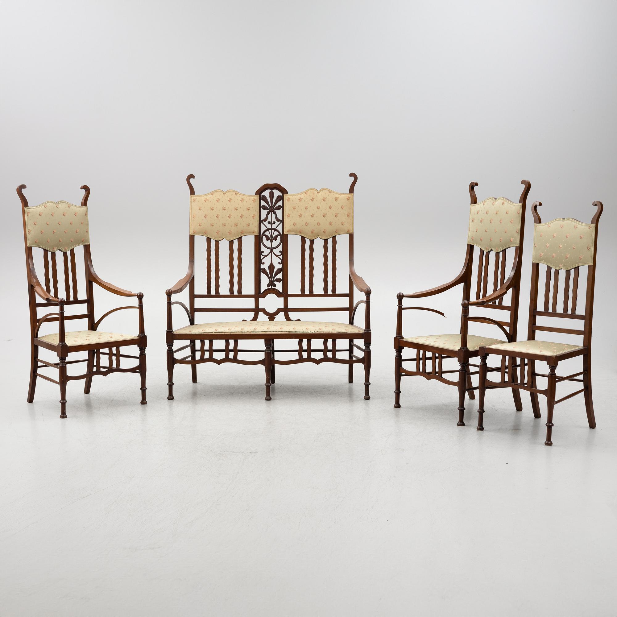 Soffa, 2 karmstolar, stol, jugend, omkring år 1900.