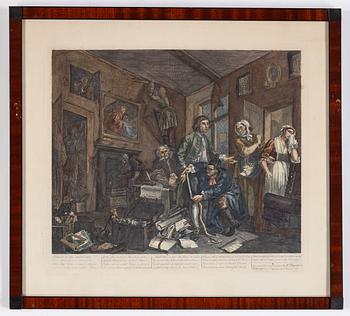 William Hogarth, efter, åtta stycken kolorerade etsningar och gravyrer.