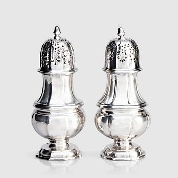191. A pair of Swedish silver sugar shakers, mark of Conrad Gadd, Kristianstad 1744 and Johan Bergengren, Kristianstad 1754.