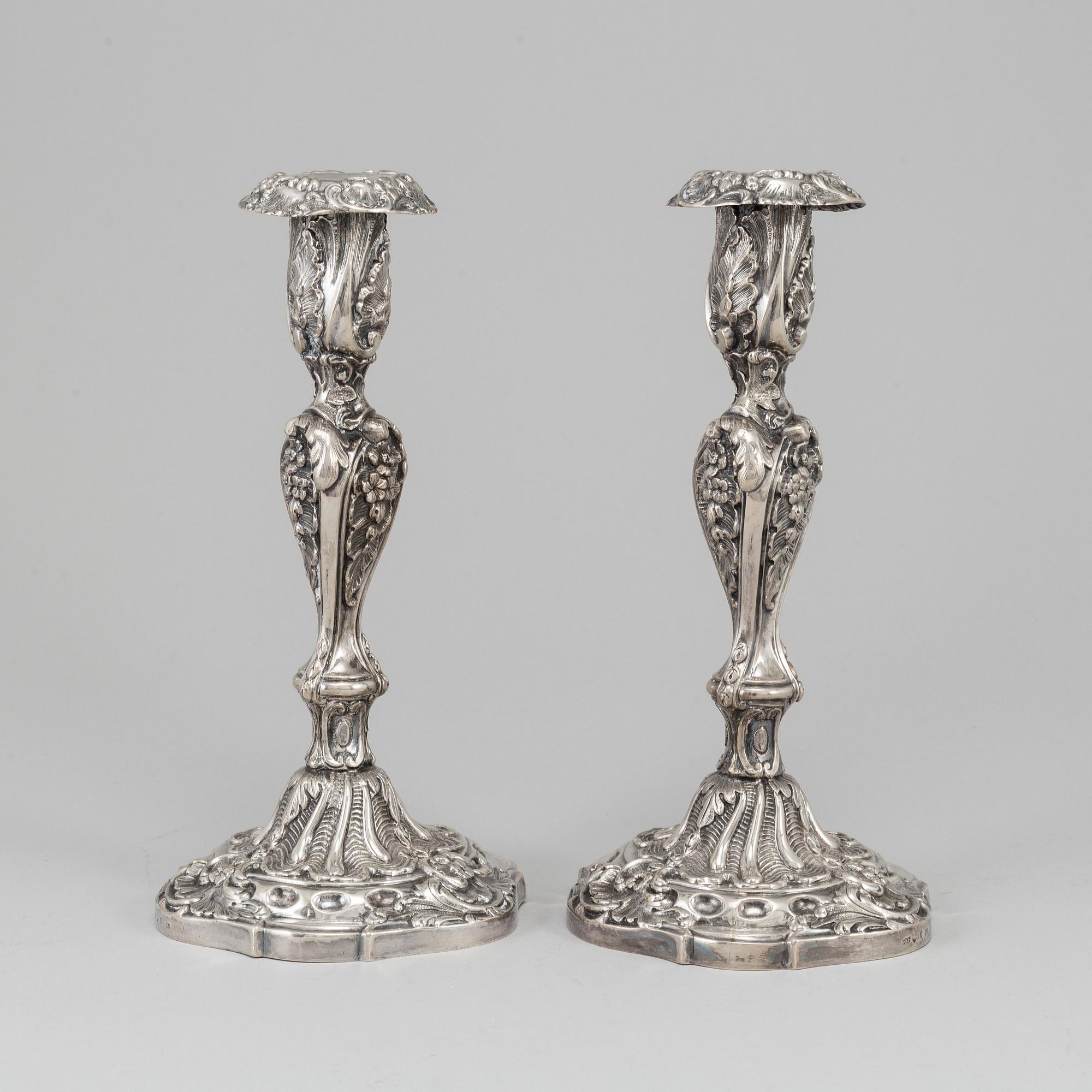 PEHR FREDRIK PALMGREN, ljusstakar, ett par, silver, nyrokoko, Stockholm, 1864.