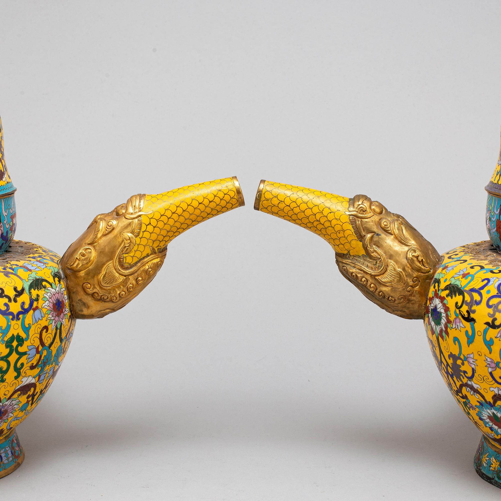 A pair of large cloisonne tea pots with covers, China, second half of the 20th Century.