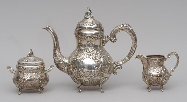 KAFFESERVIS , 3 delar, silver, rokokostil.