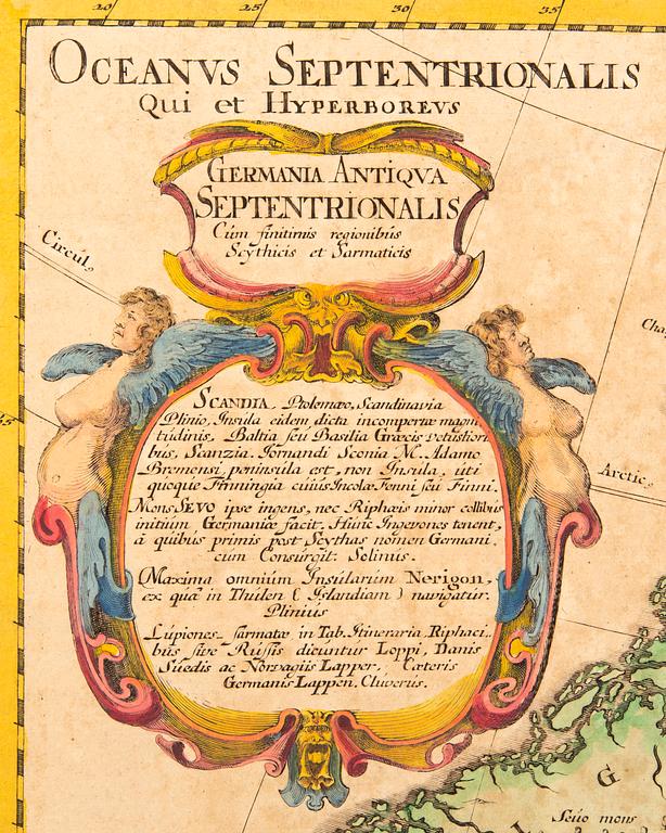 Caspar Dankwerth & J Meyer, map Scandinavia, handc colored copper engraving, Husum 1652.