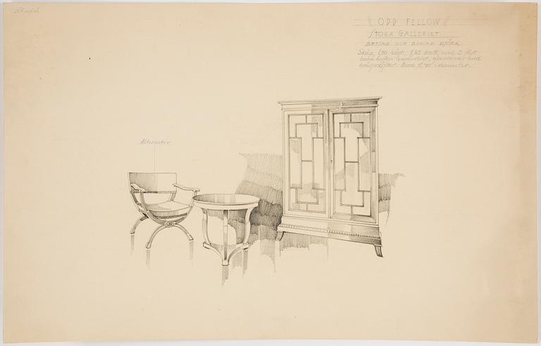 MÖBELRITNINGAR, 10 stycken, blyerts, Odd Fellow huset Stockholm 1920-tal.