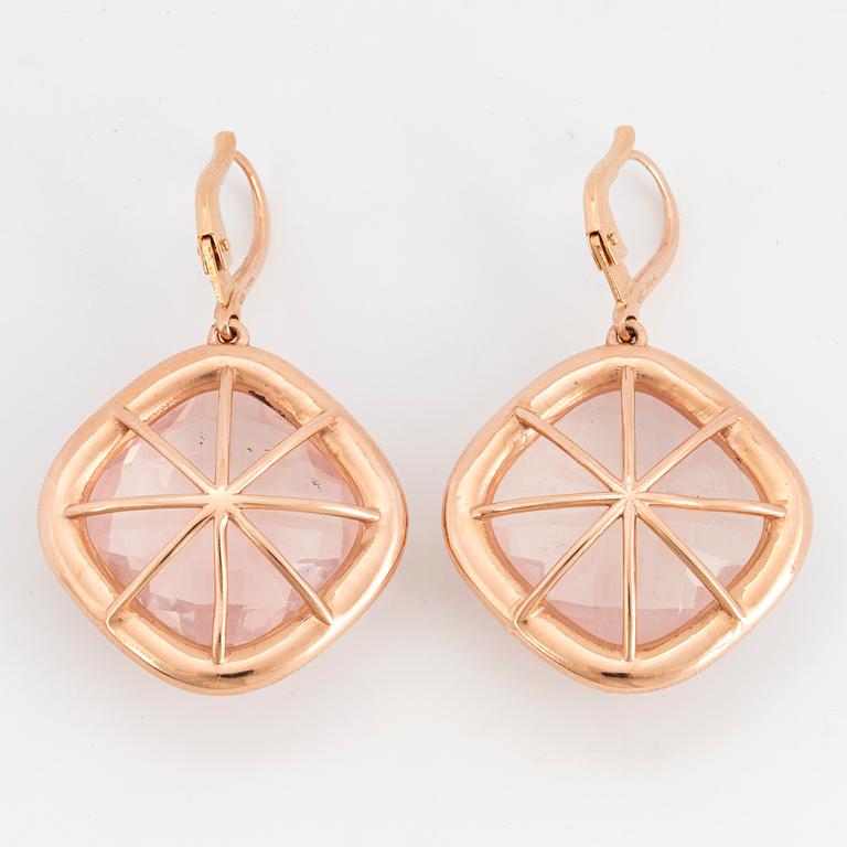 Checker-cut rose-quartz and brilliant-cut diamond earrings.