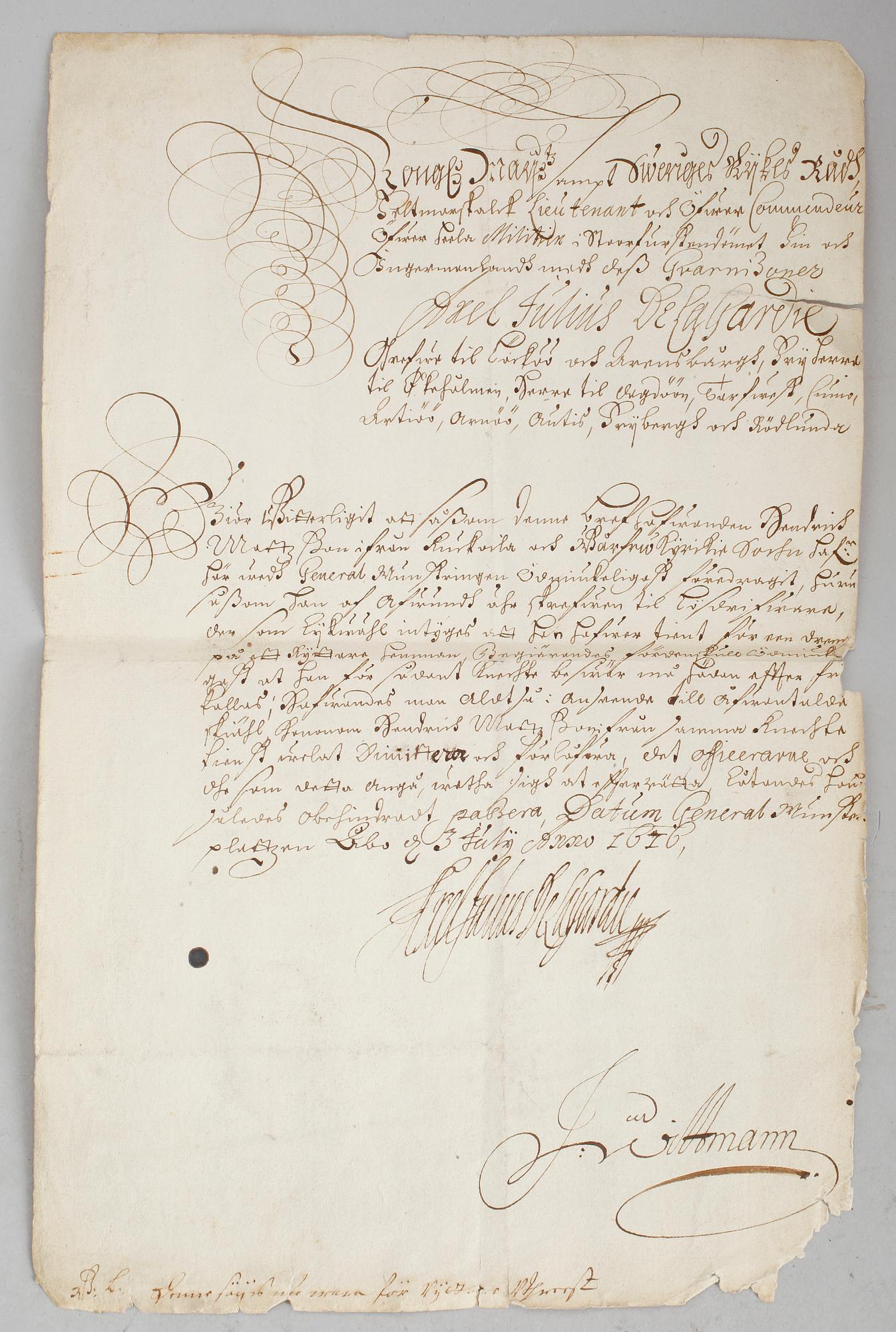 DOKUMENT, 4 st, till Axel Julius de la Gardie (1637-1710), med lacksigill samt BREV.