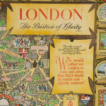 KERRY LEE, litografisk affisch/karta, "London The Bastion of Liberty", 1900-talets mitt.