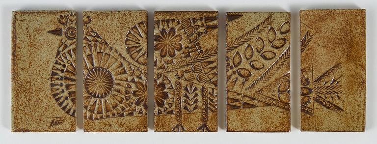 Roger Capron, a five-piece ceramic relief, signed.