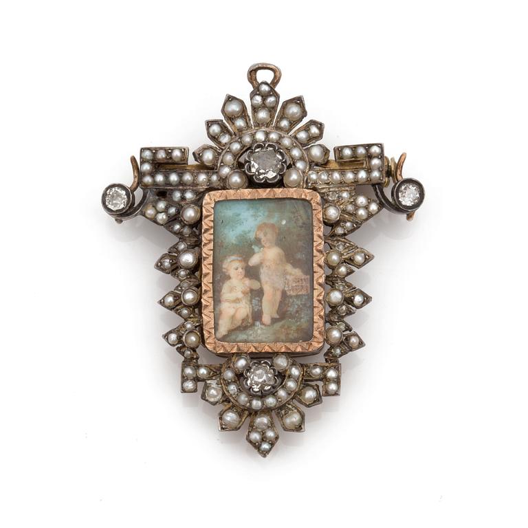 An early 19th century brooch/pendant set with a miniature surrounded by old-cut diamonds and fresh-water pearls.