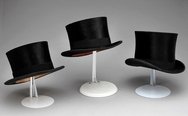 CYLINDERHATTAR, 3 st med askar, 1800/1900-tal.