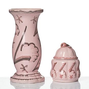 Wilhelm Kåge, Two earthenware vases, a lamp base and a jar with cover, Gustavsberg, Sweden, dated 1920.