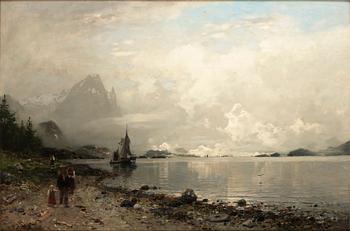 196. Georg Anton Rasmussen, Fjordlandskap med figurer.