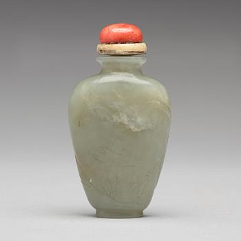 Three nephrite and agathe snuff bottles with stoppers, China and Tibet, late 19th Century.