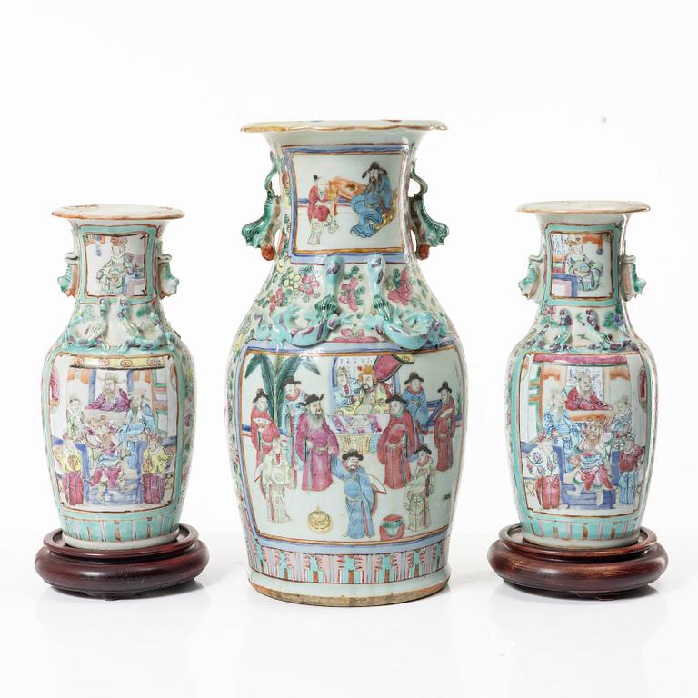 A group of three famille rose vases, Qing dynasty, late 19th century.