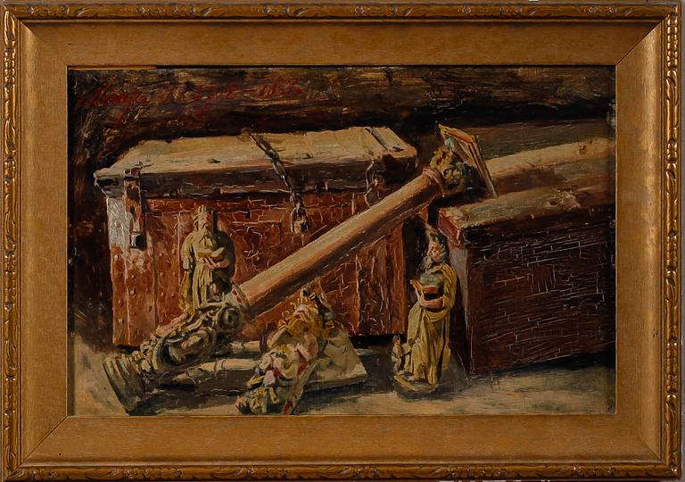OIDENTIFIERAD KONSTNÄR, olja på pannå, otydligt signerad,  daterad 27/8 1881.
